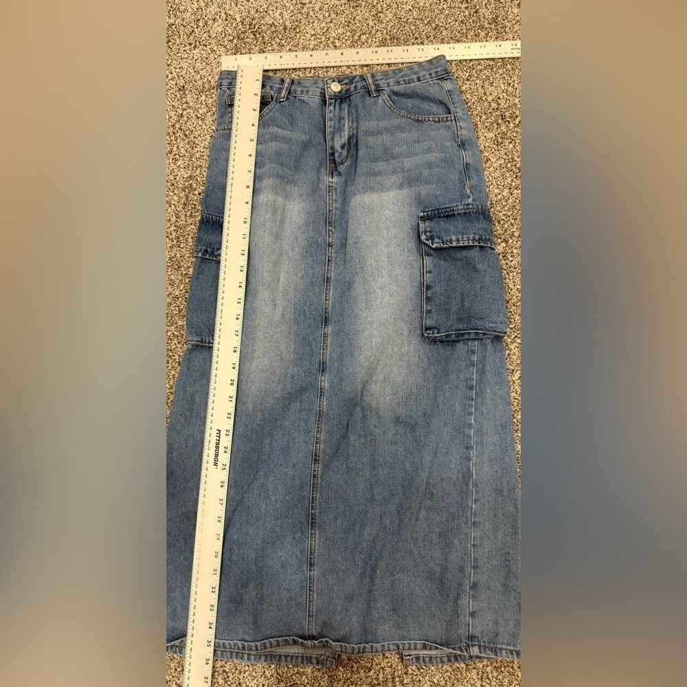 Forever 21 Y2K Classic Blue Denim Capsule Wardrobe Maxi Cargo Back Slit Skirt - Picture 12 of 12